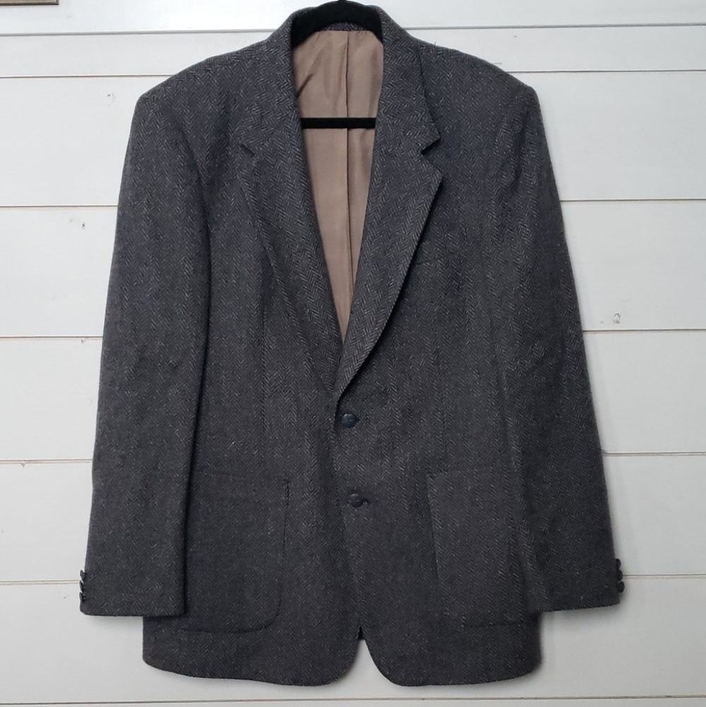 Vintage Herringbone Wool Sport Coat Men's Grey Blazer Jacket, 42T